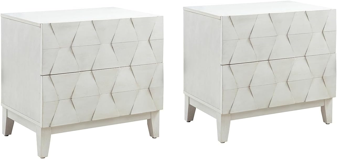 HULALA HOME Wood Nightstand Set of 2 with Charging Station 2 Drawer Dresser with Wooden Legs Mid Century Modern Bedside French Style End Table for Bedroom, White
