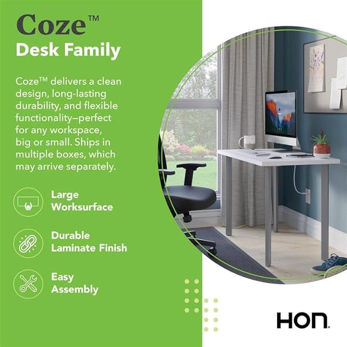 HON Coze Home Office Desks, Sturdy Table Computer Desk, 48", White Top, Silver Base