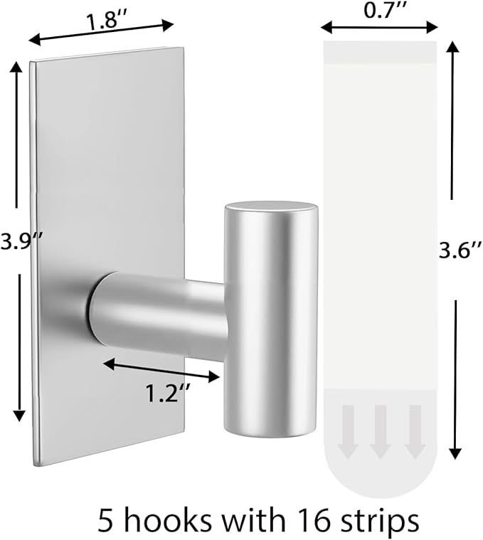 5 Pcs Towel Hooks Heavy Duty for Hanging,Adhesive Wall Hooks with Removable Strips,Sticky No Damage,Outdoor for Bathrooms,Shower,Stockings,Decor,Robe,X-Large,Silver 304 Stainless Steel