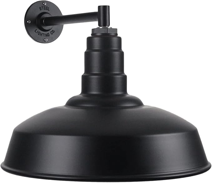 Steel Lighting Co. Gardena Barn Light | Outdoor Wall Mounted | 16" Dome | 11" Straight Arm | Farmhouse Light Made in America | Matte Black Exterior/White Interior