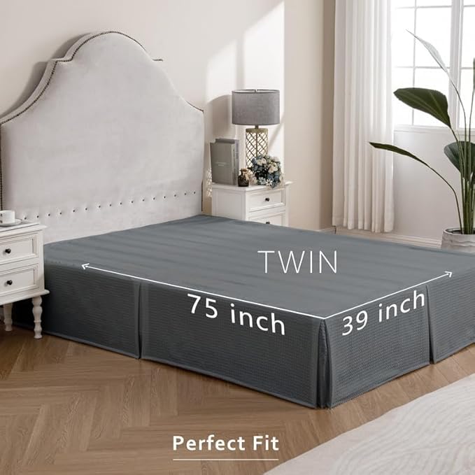 MIYE Pleated Waffle Weave Bed Skirt, Tailored Dust Ruffle 18 Inch Drop Easy Fit, Machine Washable (Dark Grey, Twin - 18" Drop)