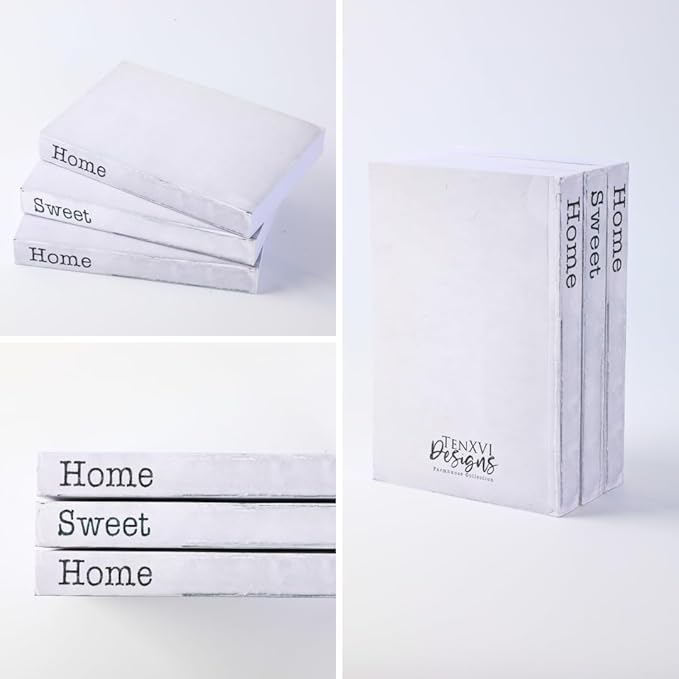 TenXVI Designs Home Sweet Home Sign Decorative Books - Set of 3 White Rustic Blank Books with Real Pages for Coffee Table Decor, Entryway Table Home Decor, Blank Books