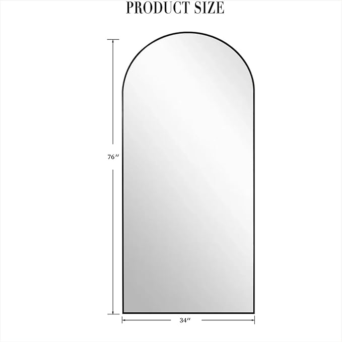 TinyTimes 76''x34'' Arched Floor Mirror, Full Body Mirror with Stand, Modern & Contemporary Design, Aluminum Alloy Frame (Black)