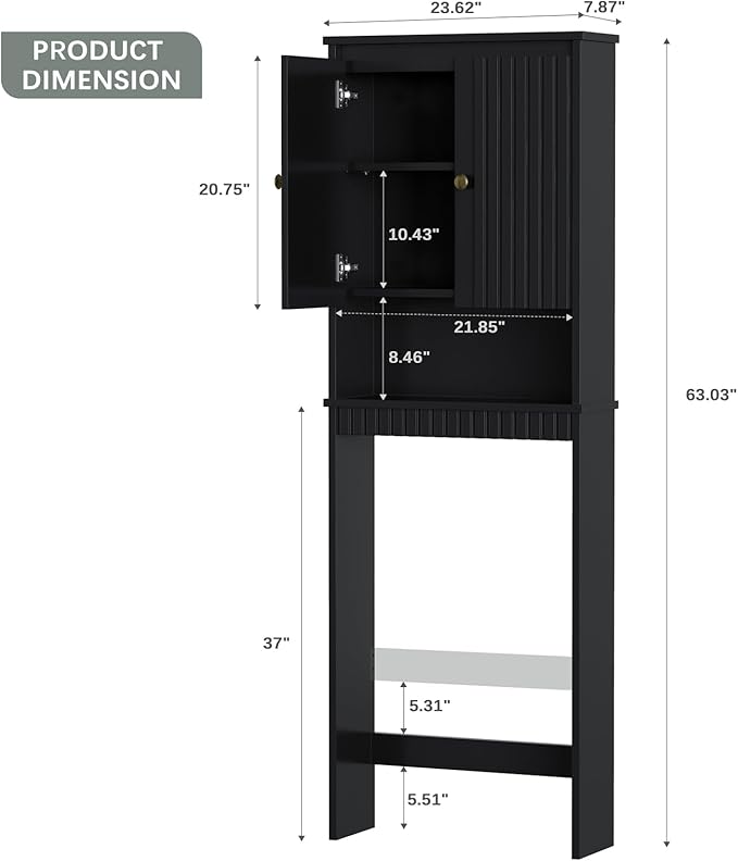 Over The Toilet Storage Cabinet, Above Toilet Storage with Fluted Panel Doors and Soft Hinges, Behind Toilet Bathroom Organizer Bathroom Spacesaver Rack (Black)