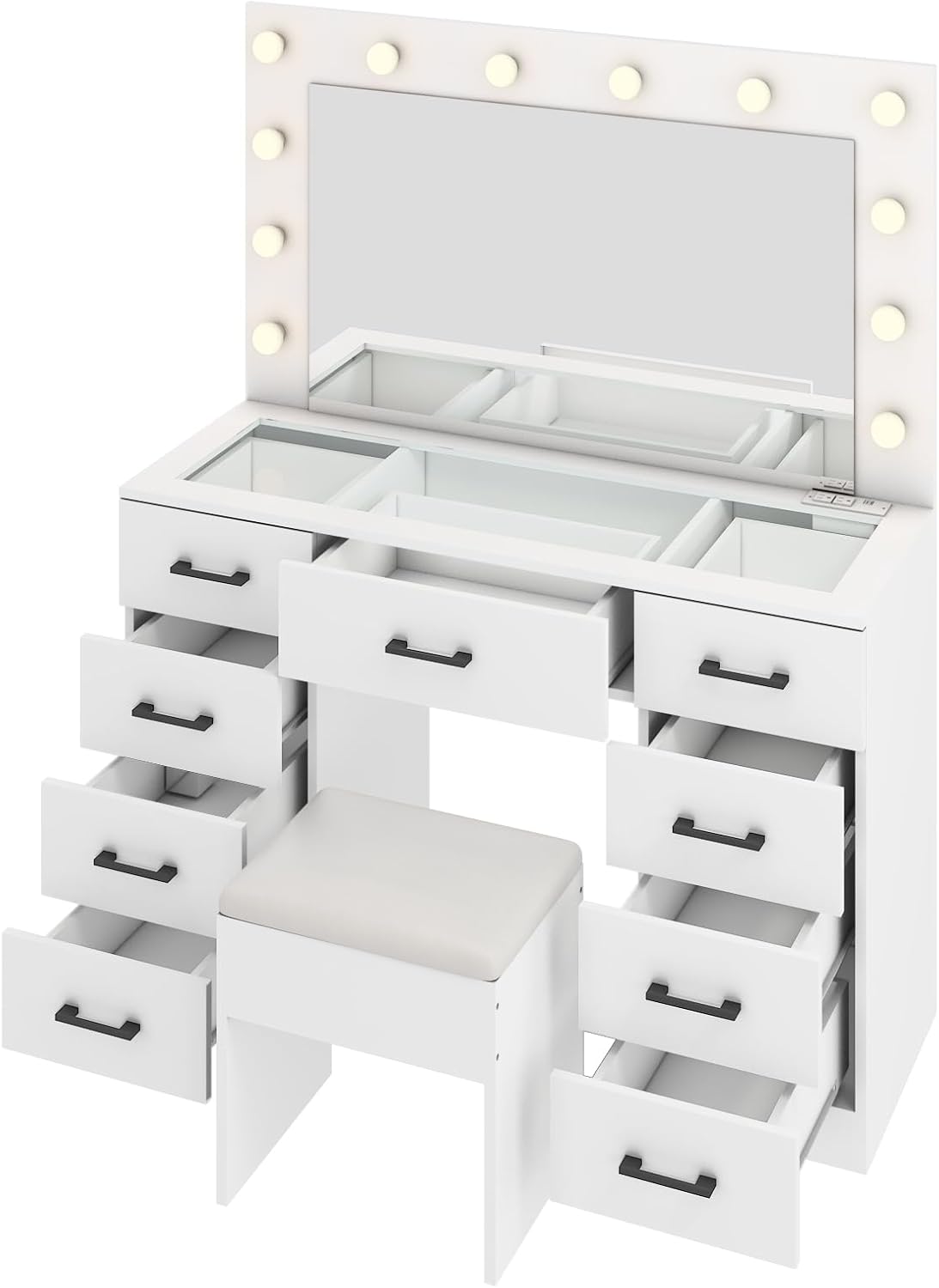 Karl home Vanity Desk with Large Lighted Mirror & Powre Outlet, Glass Tabletop Makeup Vanity Set with 9 Drawers, 45.3" Vanity Table with 3 Color Lighting Modes, Dressing Table for Women Girls, White