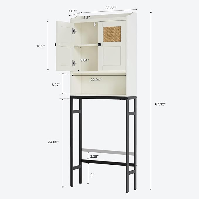 Over The Toilet Storage Cabinet, Bathroom Organizer Over Toilet Storage with Rattan Doors and Soft Hinges Above Toilet Bathroom Storage Over-The-Toilet Storage (Cream White)