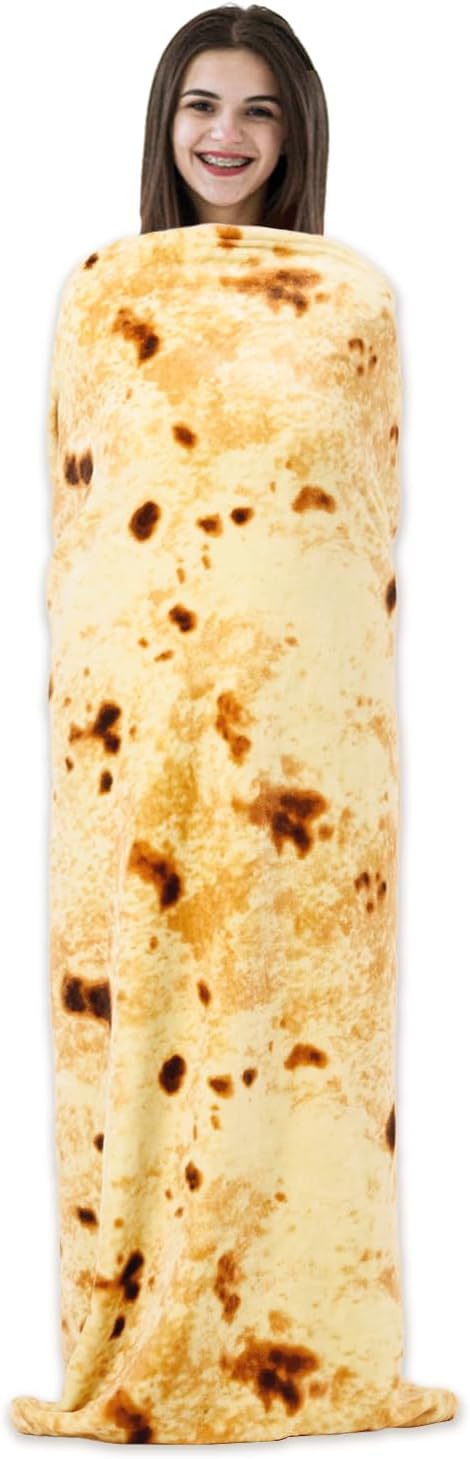 Vessia Burritos Tortilla Blanket Throw Size(Yellow,71 inches), Giant Realistic Funny Food Throw for Adults and Kids, 300 GSM Double Sided Soft Novelty Round Taco Blanket