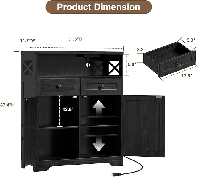 31.5" Black Storage Cabinet with Drawers and Shelf, Farmhouse Sideboard Buffet with Storage, Kitchen Pantry Hutch, Coffee Bar Cabinet Station Table for Kitchen, Living, Dining Room