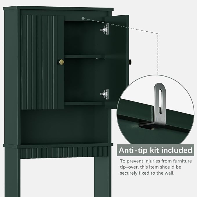 Over The Toilet Storage Cabinet, Above The Toilet Storage with Fluted Panel Doors and Soft Hinges, Over Toilet Bathroom Organizer Spacesaver Rack (Forest Green)