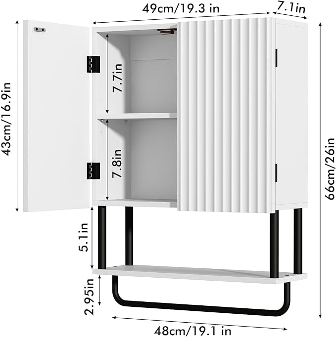 RUSTOWN Fluted Bathroom Wall Cabinet with 2 Doors, 3-Tier Modern Farmhouse Medicine Cabinet, Over The Toilet Storage Cabinet with Adjustable Shelf and Towel Bar (White, Medium)