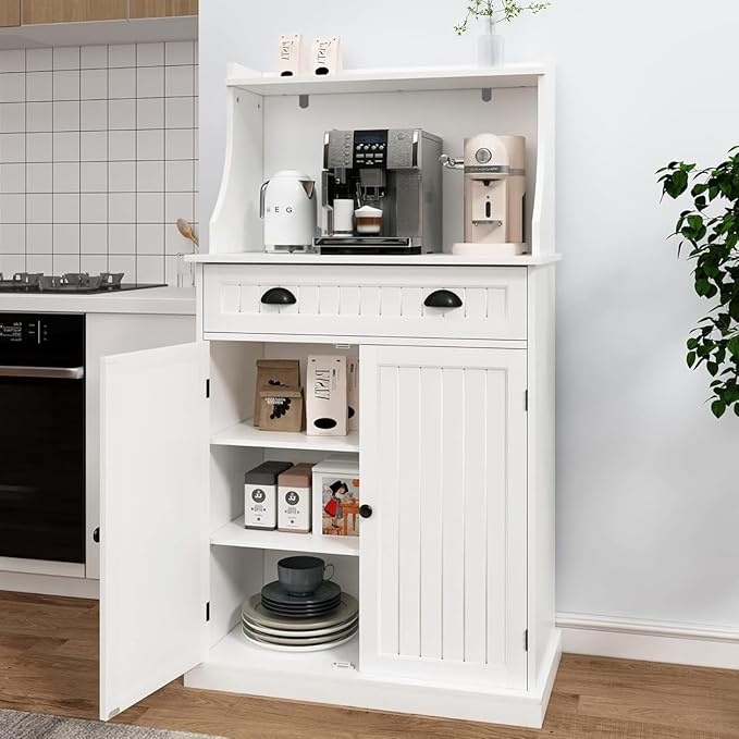 54" Freestanding Kitchen Pantry Storage Cabinet with Doors and Adjustable Shelves, Microwave Oven Stand with Drawer for Kitchen, Bathroom or Hallway, White