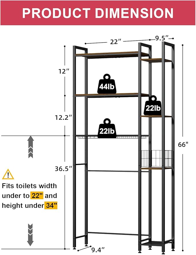 Over Toilet Bathroom Organizer, Solid Wood Over Toilet Storage Shelves with Toilet Paper Holder, Hooks, Side Rack, Sturdy Metal Standing Shelf for Laundry, Balcony, 9.45" D x 31.5" W x 66" H