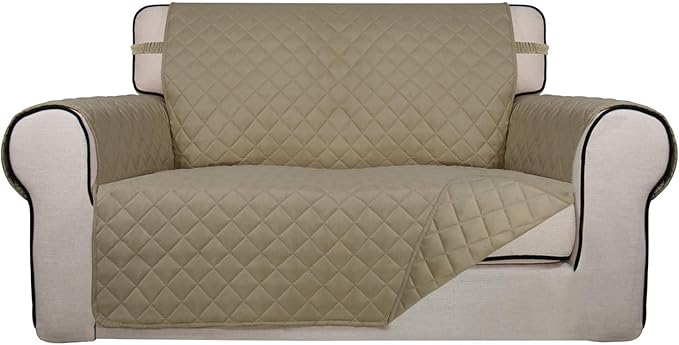 PureFit Reversible Quilted Sofa Cover, Water Resistant Medium Slipcover Furniture Protector, Washable Couch Cover with Non Slip Foam and Elastic Straps for Kids, Dogs, Pets (Loveseat, Beige/Beige)