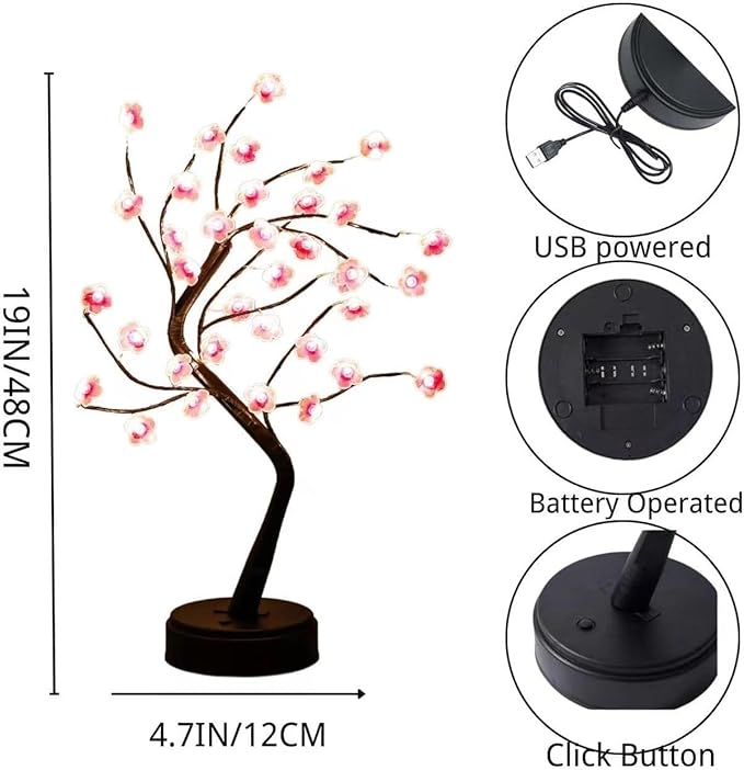 4 Pack Cherry Blossom Tree Lamp, 18inch 36 Led Bonsai Tree Lights, Battery/USB Operated Japanese Decor Night Lights for Bedroom Home Idea, Warm White