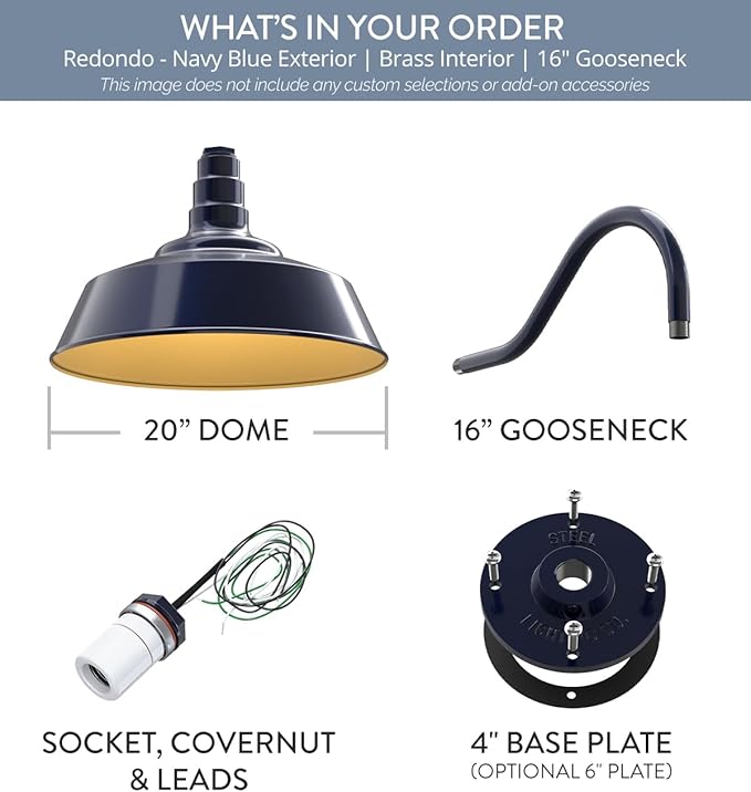 Steel Lighting Co. Redondo Barn Light | Outdoor Wall Mounted | 20 inch Dome | 16" Gooseneck | Large Farmhouse Warehouse Light Made in America | Navy Blue Exterior/Brass Interior