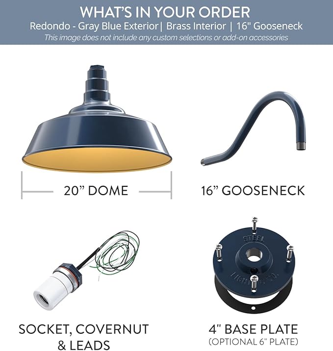 Steel Lighting Co. Redondo Barn Light | Outdoor Wall Mounted | 20 inch Dome | 16" Gooseneck | Large Farmhouse Warehouse Light Made in America | Gray Blue Exterior/Brass Interior