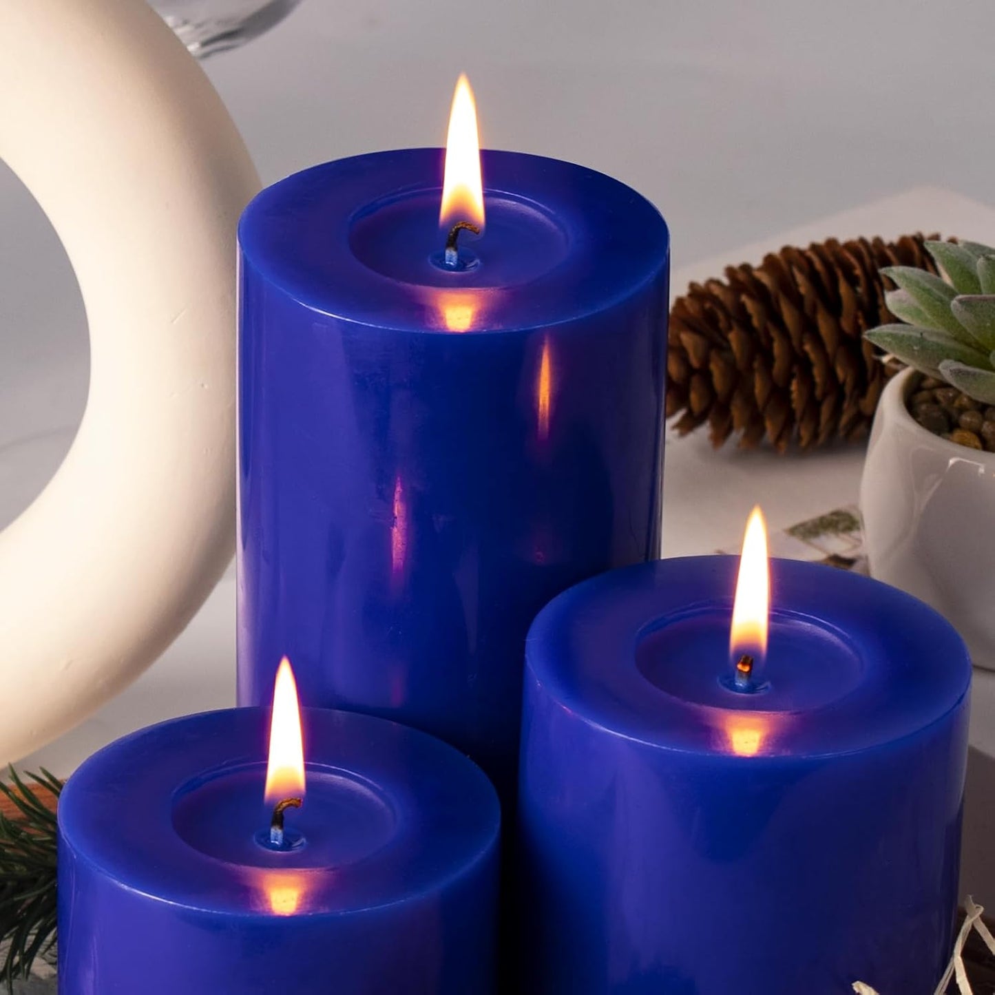 KONNI Classic Blue Pillar Candles Set of 3, 3"x 4" Unscented Pillar Candles Bulk, 42 Hours Long Burning Candles, Smokeless&Dripless Large Round Candle for Wedding, Home Decoration, Parties, Spas