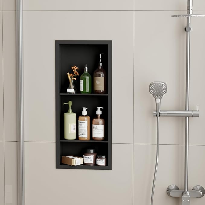 3-Tier Stainless Steel Shower Niche Insert, 29'' * 12'' No Tile Needed Bathroom Niche for Shower Wall, Recessed Wall Cabinet Shelves for Drywall, Living Room, in Wall Shower Shelves, Black