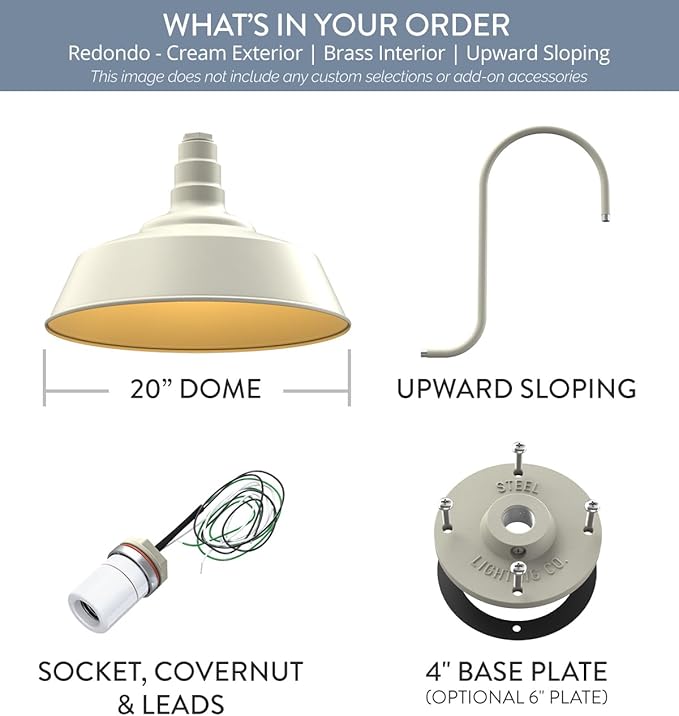 Steel Lighting Co. Redondo Barn Light | Outdoor Wall Mounted | 20 inch Dome | Upward Sloping Gooseneck | Large Farmhouse Warehouse Light Made in America | Cream Exterior/Brass Interior