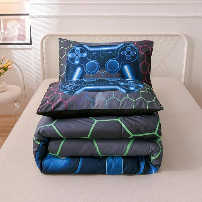 NTBED Game Console Comforter Set for Boys Girls Kids 3D Gaming Geometric Lightweight Microfiber Bedding Sets (Multi, Twin)