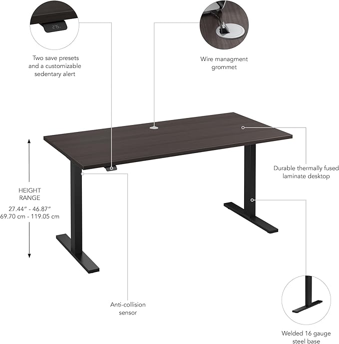 Bush Furniture Move 60 Electric Height Adjustable Desk, Ergonomic Sit-Stand Computer Table for Home and Professional Office, 60W x 30D, Storm Gray