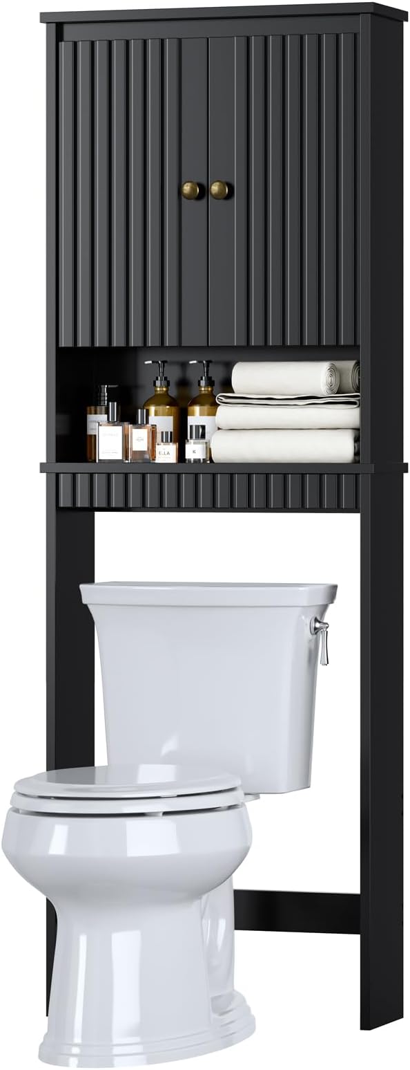 Over The Toilet Storage Cabinet, Above Toilet Storage with Fluted Panel Doors and Soft Hinges, Behind Toilet Bathroom Organizer Bathroom Spacesaver Rack (Black)