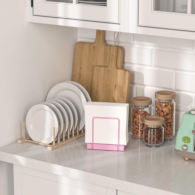 Wican Napkin Holder for Table, Pink Kitchen Accessories Appliances for Table Farmhouse Cocktail Picnic Rustic Bamboo Iron Wood Holders for All Dining Room Decor Pink