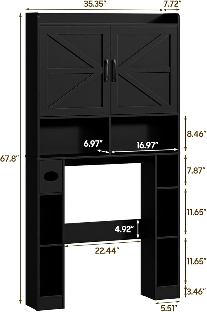 Over The Toilet Storage Cabinet, Farmhouse Toilet Cabinet Rack with Barn Doors, Space Saving Bathroom Organizer with Shelves, Toilet Paper Holder and Towel Rack for Bathroom,Laundry Pure Black