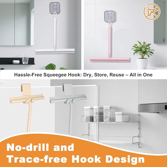 Squeegee for Shower Glass Doors, Resilient Loop - No-Drill & Adhesive Hook, Silicone Shower Squeegee with Stainless Steel Core, Cleaning Tool for Home, Kitchen, Bathroom & Car - Black