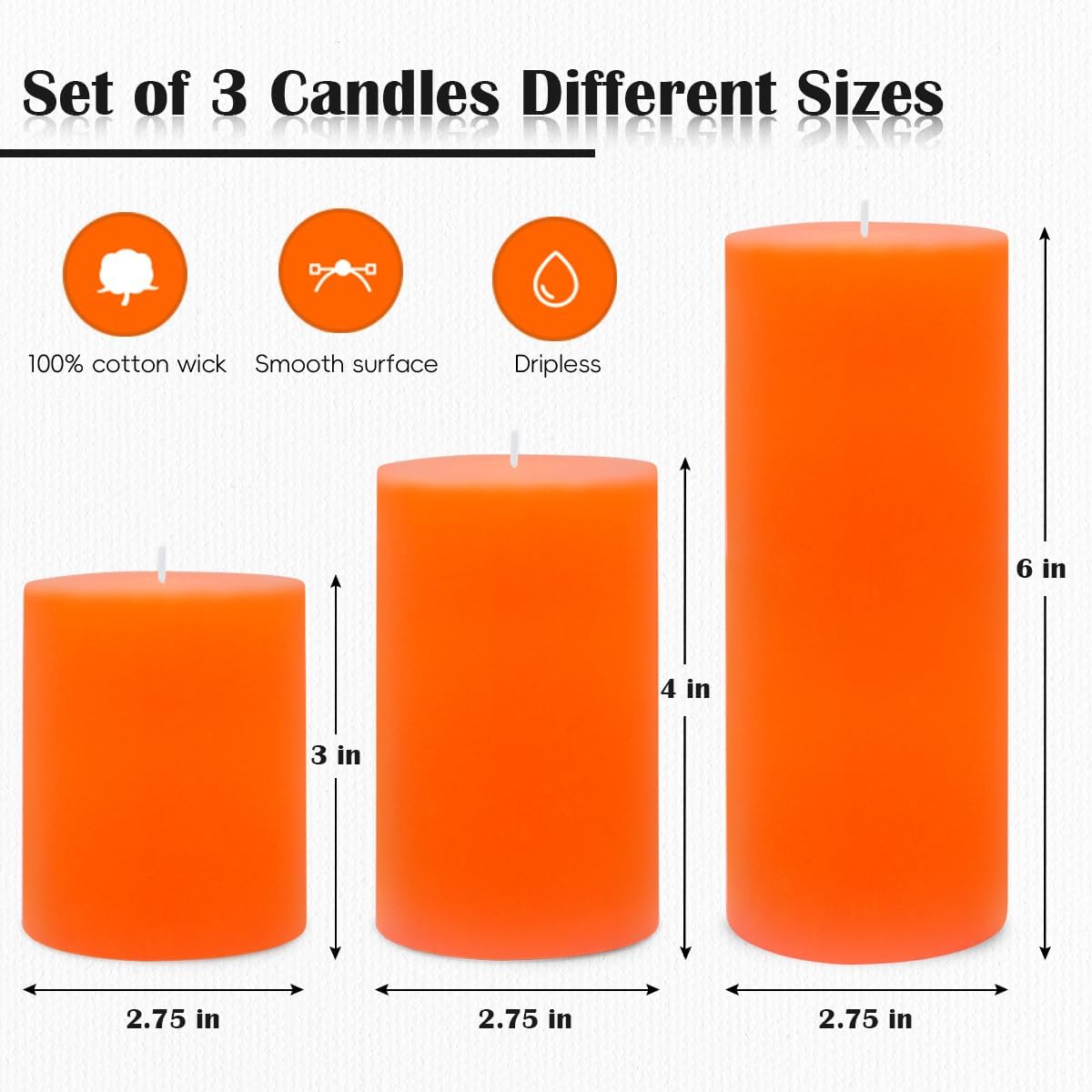 Set of 3 Different Size Orange Pillar Candles, Unscented Dripless 2.75x3, 2.75x4, 2.75x6 Inch Fall Colored Cylinder Column Wax Candles for Thanksgiving Day Power Outage Emergency Table