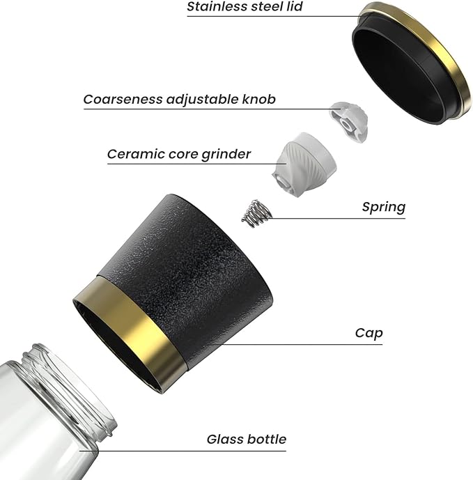VEVOK CHEF Gold Salt and Pepper Grinder Set Stainless steel Salt and Pepper Mill Set Ceramic Adjustable Coarseness Spice Grinder Refillable Sea Salt Shaker Home Kitchen Decor