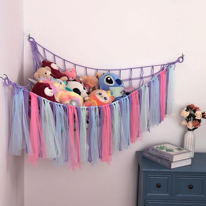 Stuffed Animal Toys Hammock with LED Light, Stuffed Doll Hanging Corner Holder for Home Storage, Large Hanging Net -Display Teddies for Bedroom, Purple Decor Organizer