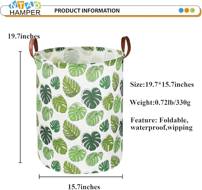 Round Green Laundry Hamper, Jungle Themed Nursery Decor, Tropical Pattern Basket, Monstera Room Decor,Waterproof Storage Bin, Gift Basket(Leaf)