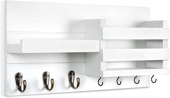 Mail Organizer for Wall Mount – Key Holder with Shelf Includes Letter Holder and Hooks for Coats, Dog Leashes – Rustic Wood with Flush Mounting Hardware (16.5” x 8.7” x 3.5”)