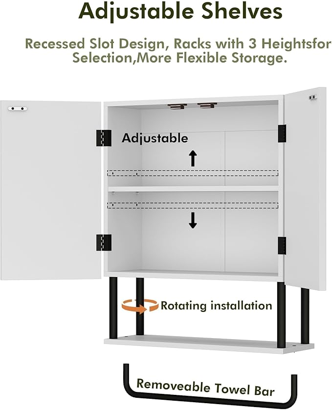 RUSTOWN Fluted Bathroom Wall Cabinet with 2 Doors, 3-Tier Modern Farmhouse Medicine Cabinet, Over The Toilet Storage Cabinet with Adjustable Shelf and Towel Bar (White, Medium)