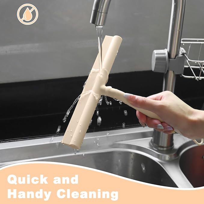 Squeegee for Shower Glass Doors, Resilient Loop - No-Drill & Adhesive Hook, Silicone Shower Squeegee with Stainless Steel Core, Cleaning Tool for Home, Kitchen, Bathroom & Car - Beige