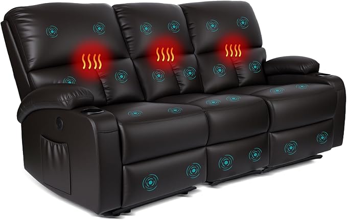 Home Theater Seating,RV Recliner Sofa with Massage and Heat,Manual RV Recliner Loveseat with USB/Cup Holders and Side Pocket for Living Room,3 Seater Brown