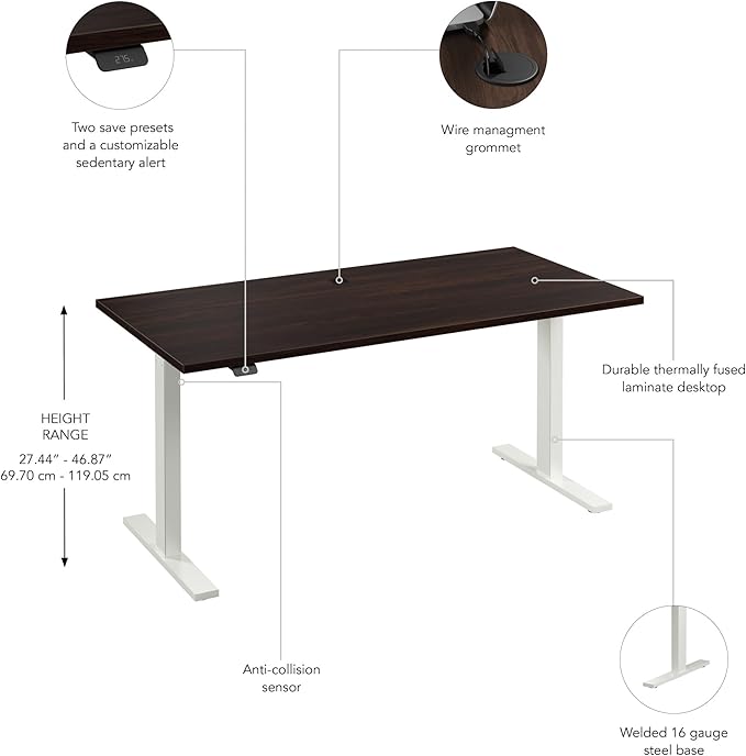 Bush Business Furniture 60-inch Electric Height Adjustable Standing Desk, Ergonomic Sit-Stand Computer Table for Home and Professional Office, Move 60 Series, Black Walnut with White Base
