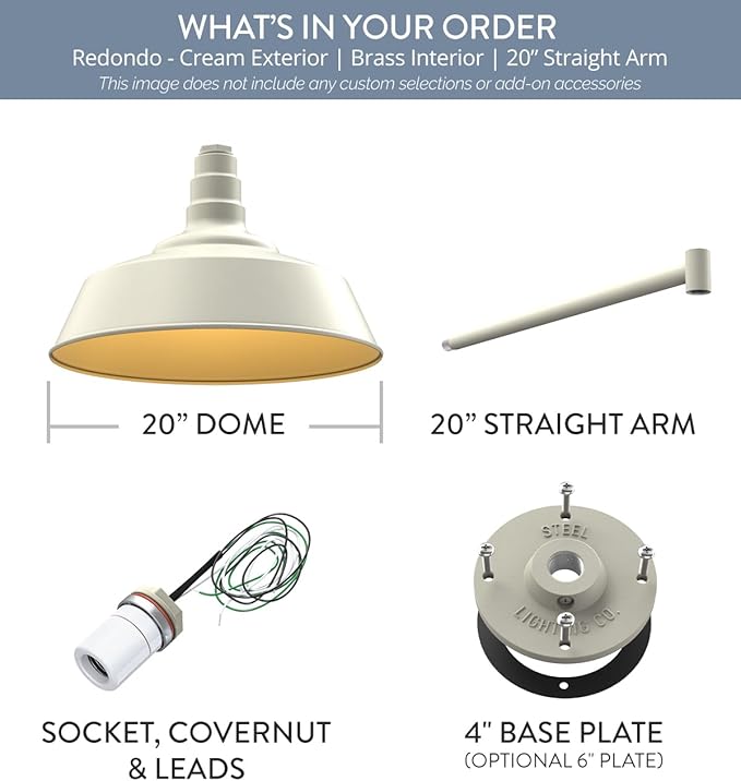 Steel Lighting Co. Redondo Barn Light | Outdoor Wall Mounted | 20 inch Dome | 20" Straight Arm | Large Farmhouse Warehouse Light Made in America | Cream Exterior/Brass Interior