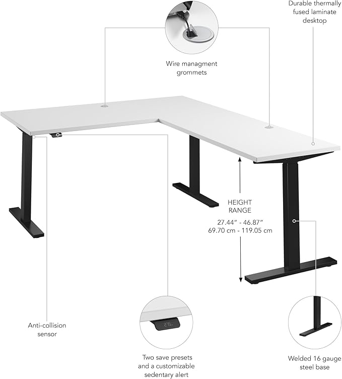 Bush Business Furniture 60-inch Height Adjustable L Shaped Standing Desk, Electric Sit-Stand Corner Computer Table, Ergonomic Office, Move 60 Series, White with Black Base