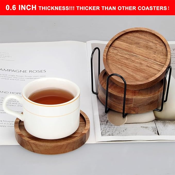 4 Pcs Farmhouse Wooden Coasters with Holder Cute Wood Drink Coaster Set Outdoor Beer Costers Home Decoration Coffee Table Decor Gift Cup Coaster Bar Kitchen Dining Table Accessories Modern Coasters