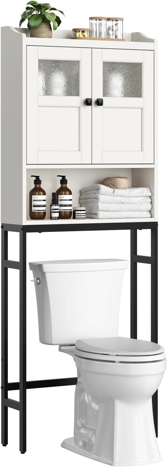 Over The Toilet Storage Cabinet, Above Toilet Bathroom Storage Cabinet with Double Doors and Soft Hinges Over Toilet Storage Shelf Over Toilet Bathroom Organizer (Cream White)
