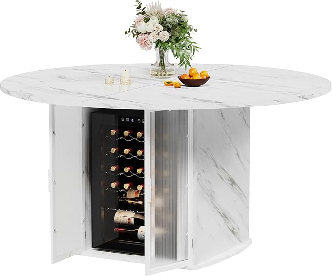 IBF 47" Round Dining Table with Fridge Space, Modern White Faux Marble Kitchen Tables for 4-6 People,Wood Dining Room Table with Storage Shelf, Circle Dinner Tables for Home, White Marble, Only Table