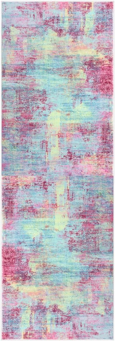 IOHOUZE Abstract Runner Rug 2x6 Ft Washable Runners for Hallways, Non Slip Kitchen Runner Printed Faux Wool Entryway Runner Indoor, Modern Abstract Floor Carpet for Hall Kitchen Bedroom, Pink Teal