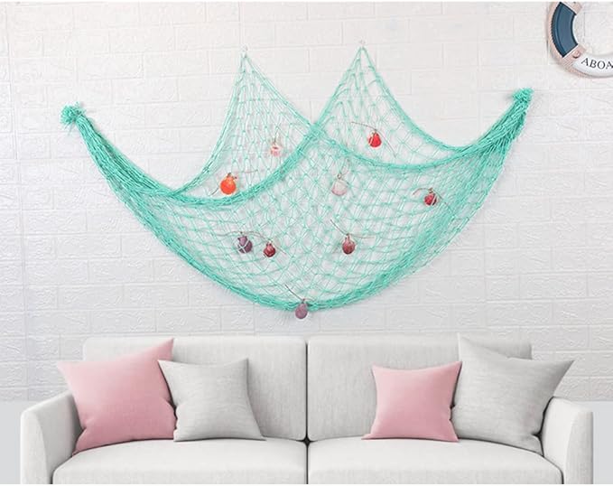 Natural Fishing Net Decor with Shells 79 Inch Beach Theme Decor for Party Home Bedroom Wall Hanging Fish Net Decorations (Aqua)