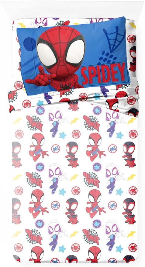 Jay Franco Kids Sheet Set with Fitted, Flat Sheets & Pillow Cover - Ultra-Soft Bedding with Pillowcase for Room Decor, White - Spidey & Friends, 3 Piece Toddler