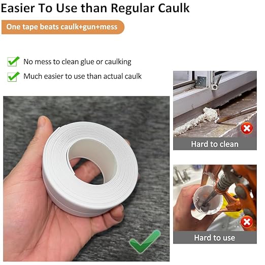 White Caulk Tape Self Adhesive Waterproof, Bathroom Peel & Stick Caulking Strip Floor Tile Wallpaper Toilet Tub Shower Wall Trim, DIY Project Renter Friendly Decor, Quick & Easy to Install in Minutes