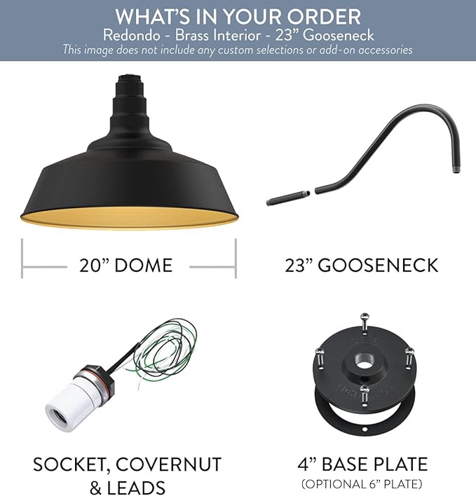 Steel Lighting Co. Redondo Barn Light | Outdoor Wall Mounted | 20 inch Dome | 23 inch Gooseneck | Large Farmhouse Warehouse Light Made in America | Matte Black Exterior/Brass Interior