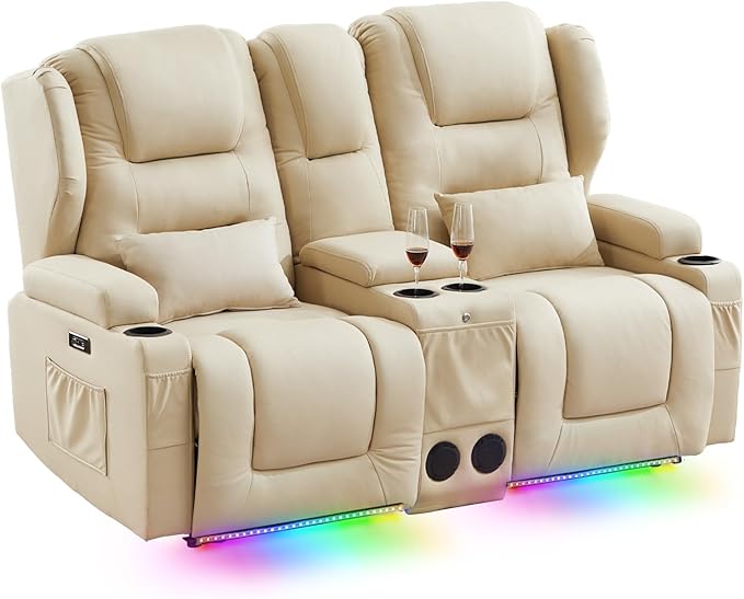 SAMERY Power Loveseat Recliner Sofa with Adjustable Split Back, USB Charging, Bluetooth Speakers & LED Lighting – Home Theater Seating with Storage, Cup Holders, Beige Fabric Loveseat Recliner