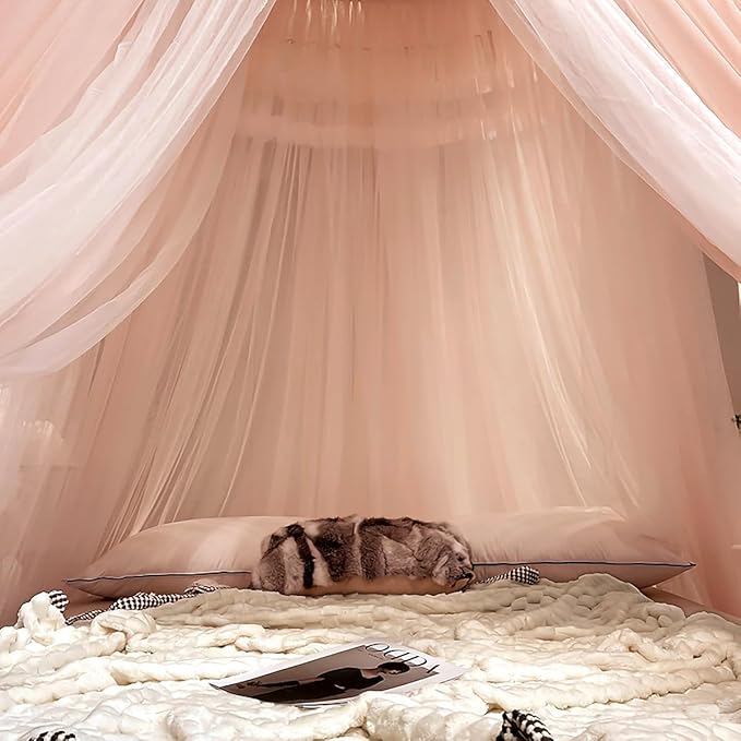 Kertnic Dreamy Bed Canopy for Girls, Princess Canopy Curtains Double Layer Sheer Mesh, Kids & Adults Canopies Netting Room Decor Tent Mosquito Net for Queen King Bed (Double Layer-Beige Pink)